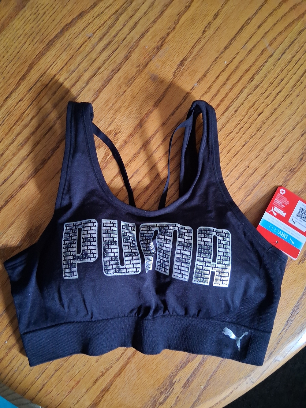 Puma Black Logo Sports Bra with Subtle Silver Puma Size Medium